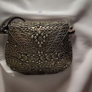 Mariell‎ Silver Metal Filigree Evening Bag Black Stone Vintage Crossbody Purse